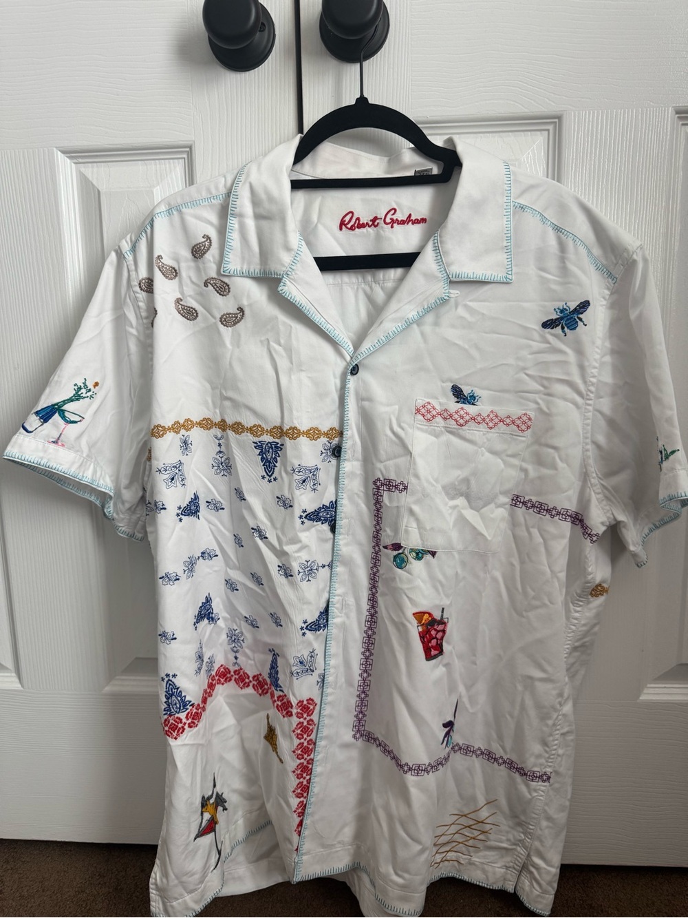 Robert Graham White Short-Sleeve Embroidered Panel Button-Up Shirt